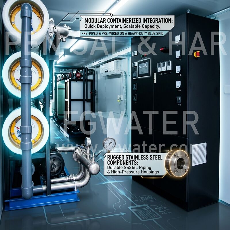 Equipo de agua pura RO en contenedores híbrido solar de 100 TPD en unidad de 40 pies para desalinización de agua de mar